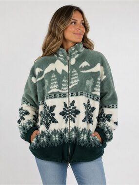 Vintage Cabela’s Moose Snowflake Fleece Jacket Green White Oversized L